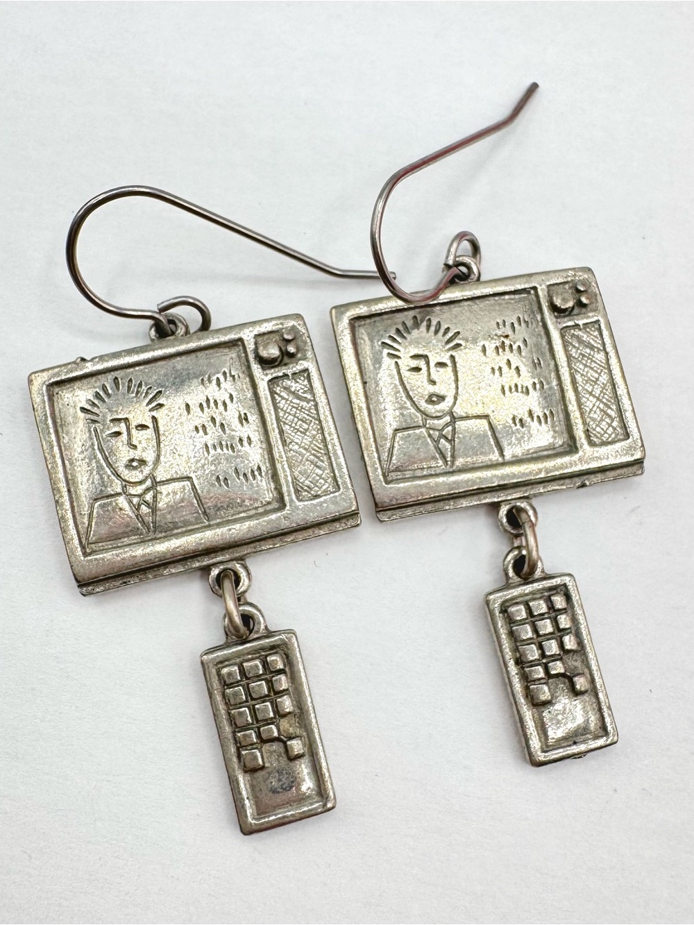 Clift Pewter Earrings Television Newsman Remote Whimsical Wacky Weird Signed